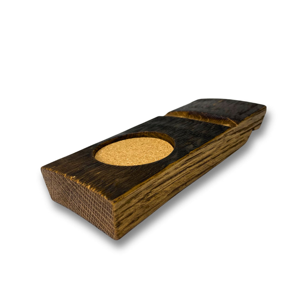 Barrel stave whisky coaster and cigar rest, front view