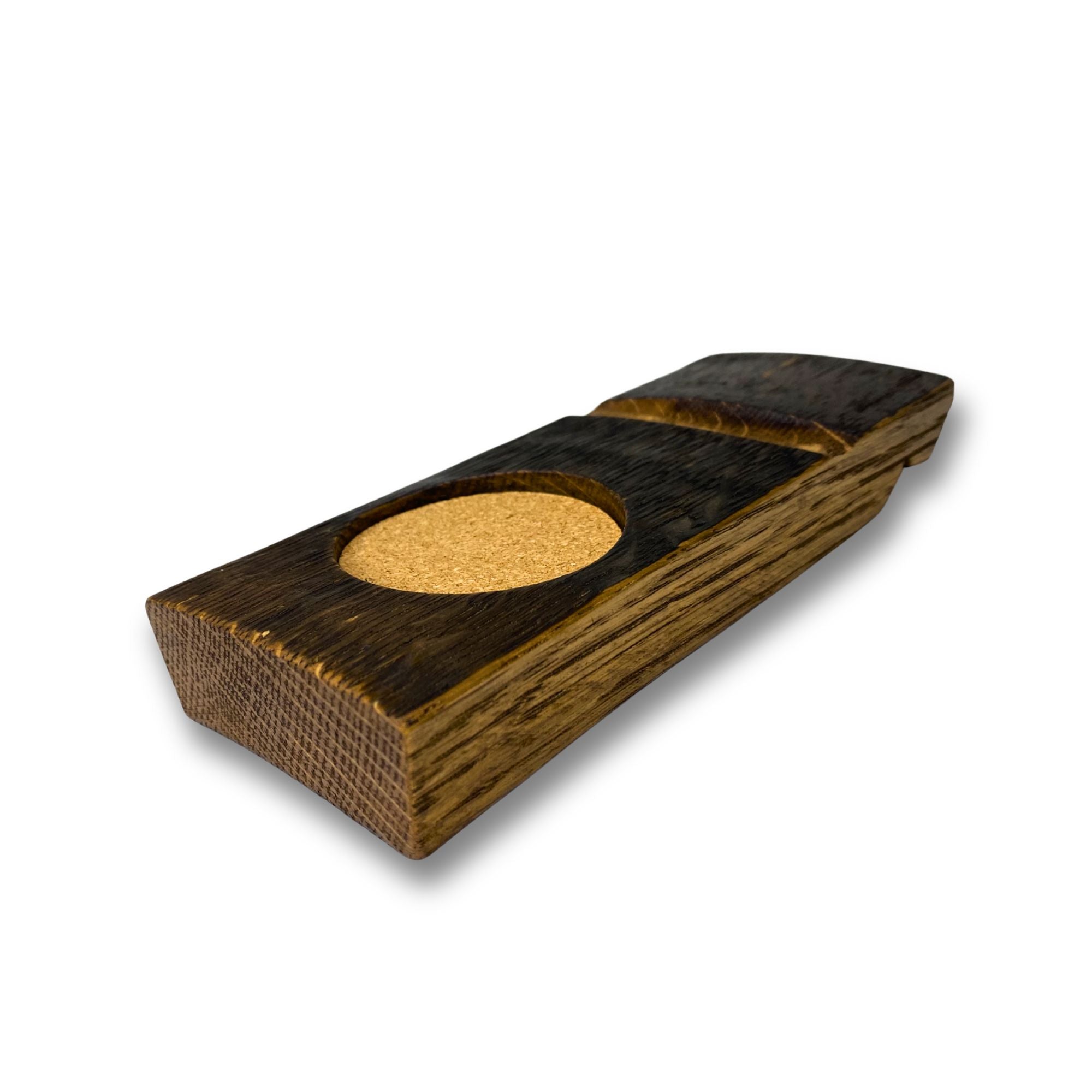 Barrel stave whisky coaster and cigar rest, front view