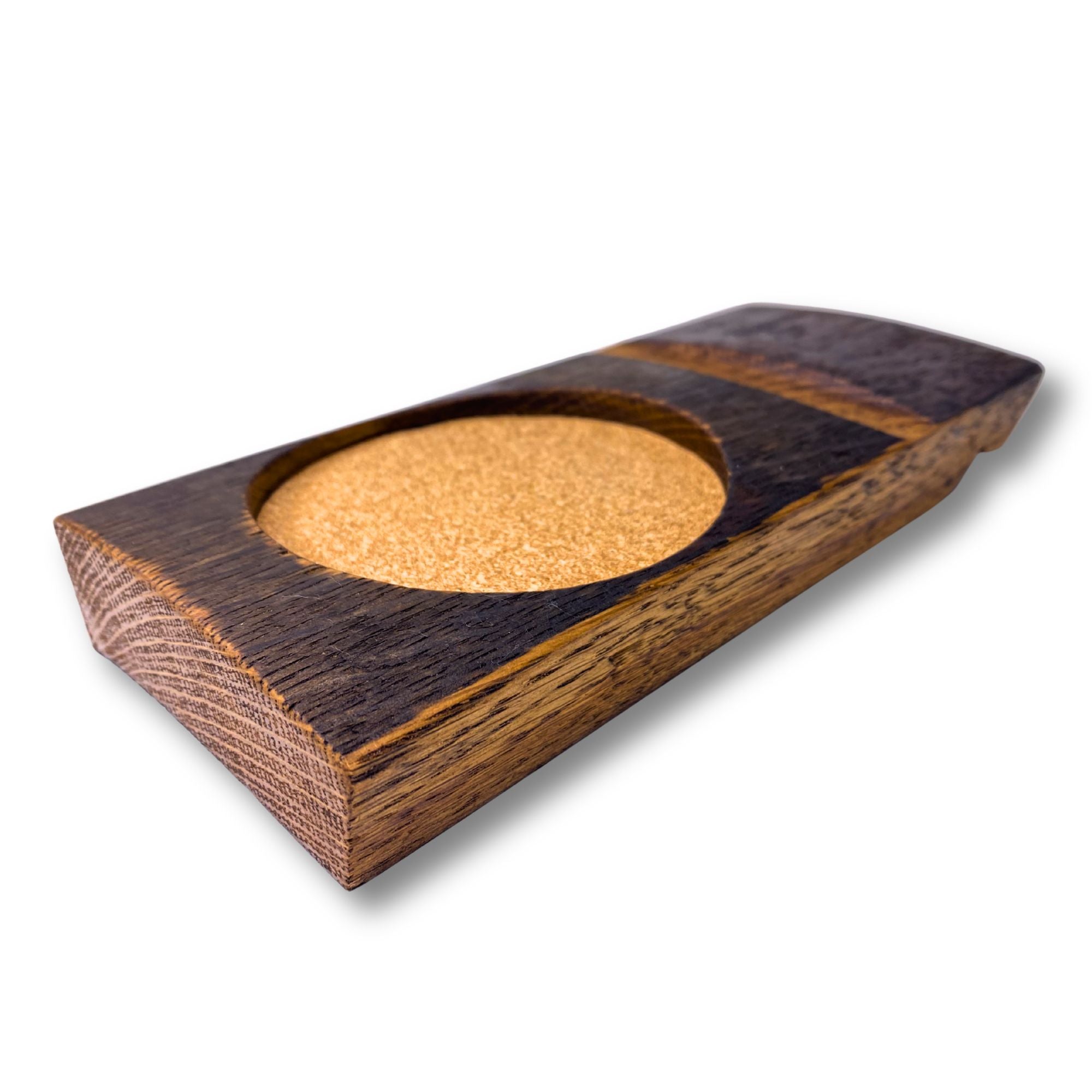 Barrel stave whisky coaster and cigar rest, front view