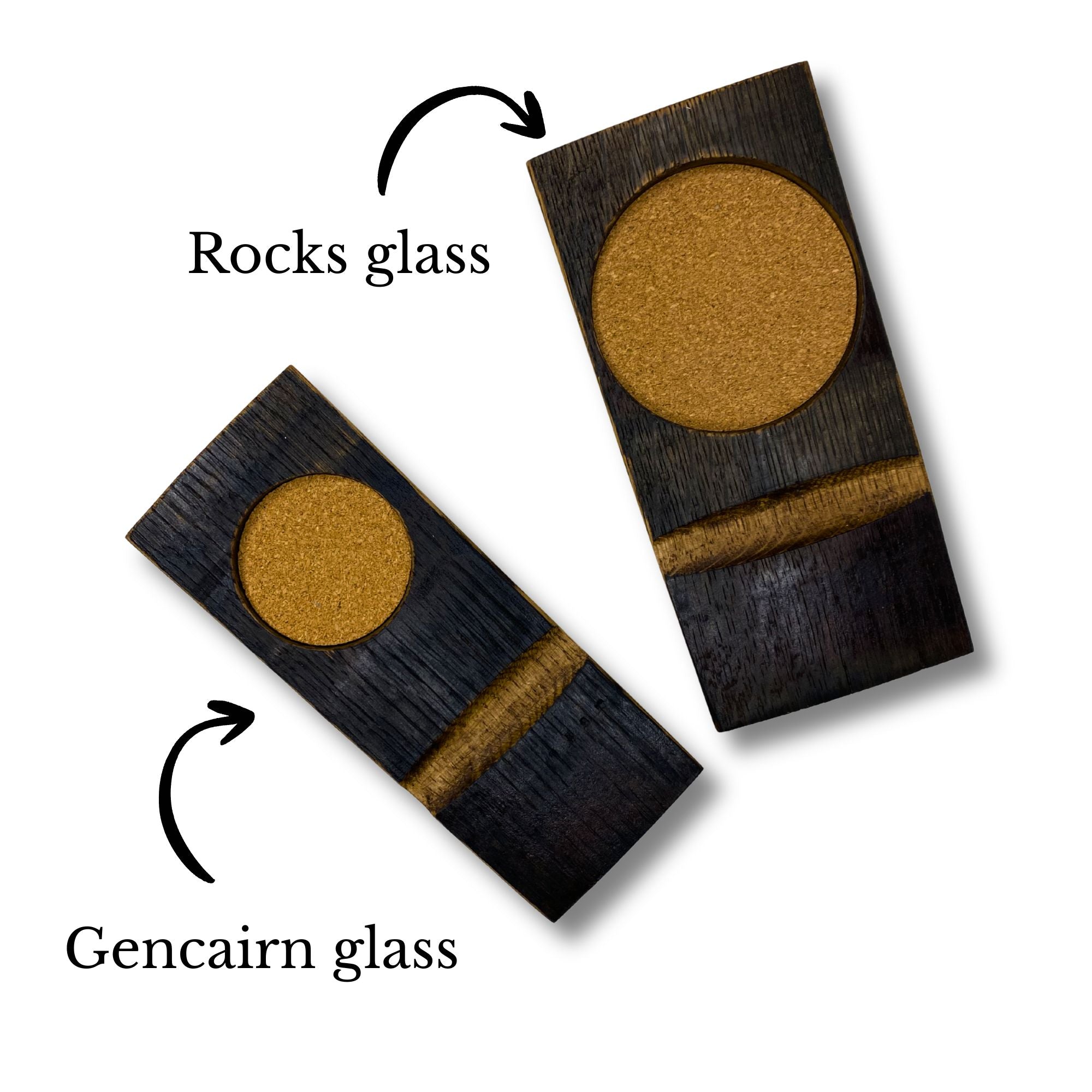 Barrel stave whisky coaster shown with Glencairn and rocks glass inset options