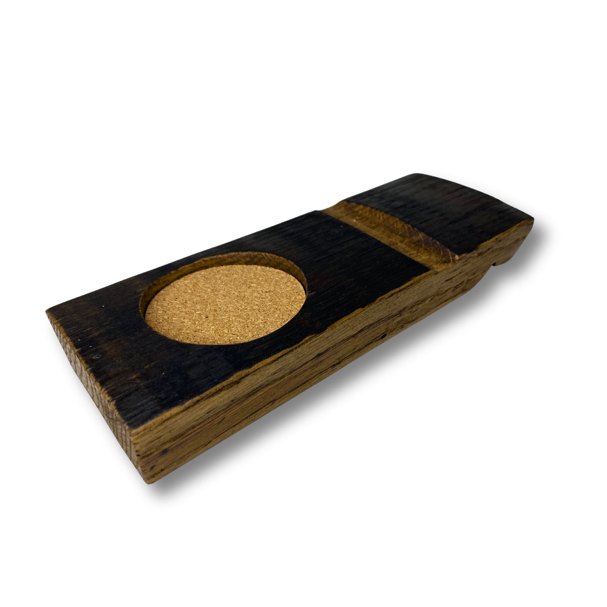 Barrel stave whisky coaster and cigar rest, 3/4 view
