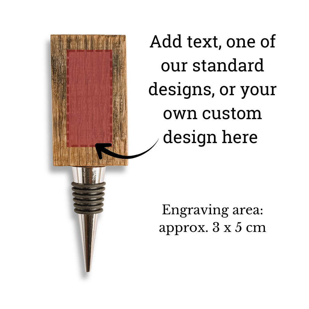 Engraving area on barrel stave wine bottle stopper showing customisation location
