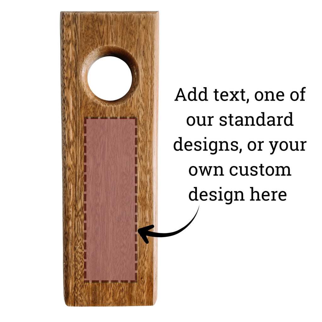 Engraving area on floating wine bottle holder - add your own txt, one of our standard designs, or create your own custom desgn