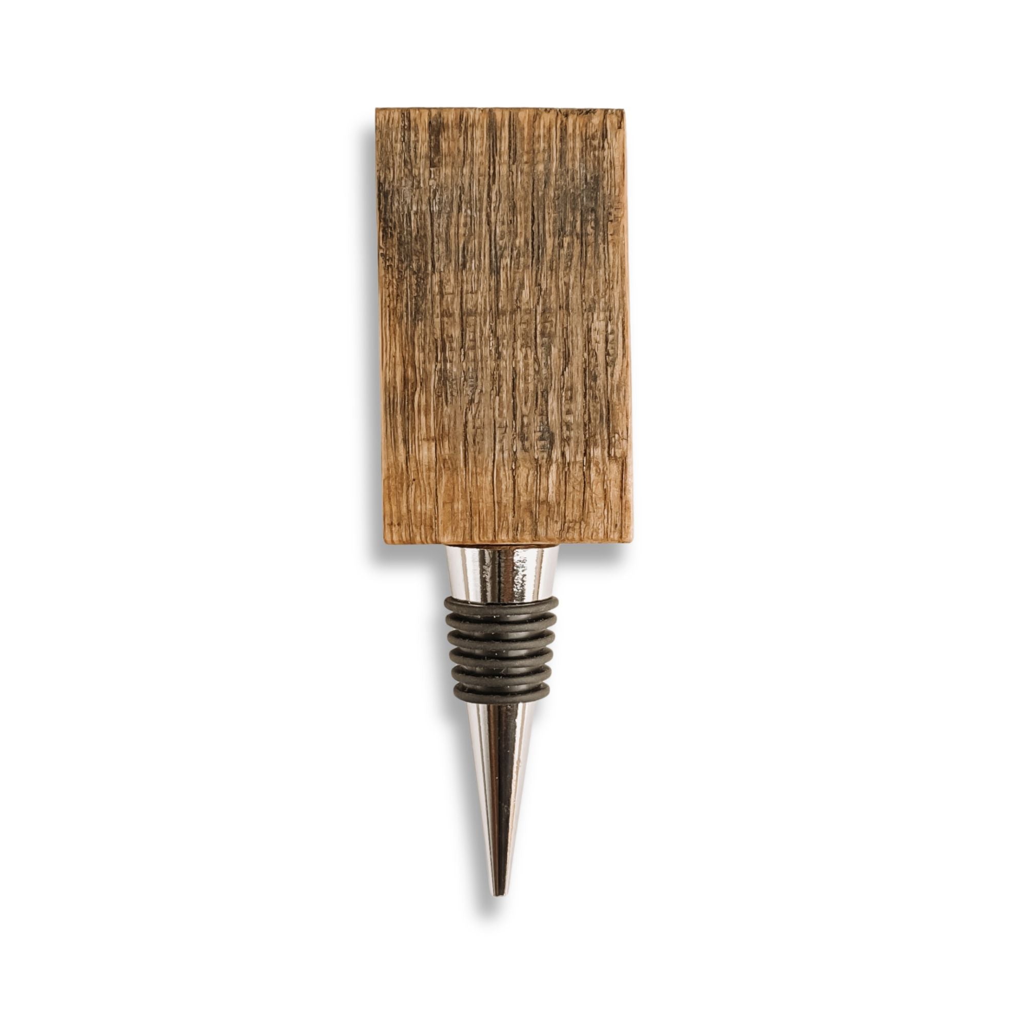 Barrel stave wine bottle stopper, front view on white background
