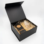 Barrel stave whisky coaster and Glencairn glass gift set in a black gift box