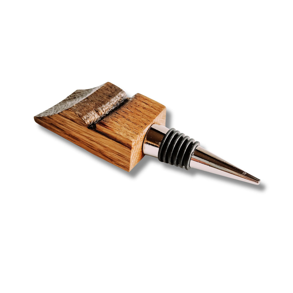 Barrel stave wine bottle stopper, angled back view on white background