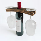 Barrel Stave 2 glass and one bottle holder over a bottle of wine with glasses on a white background