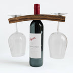 Barrel Stave 2 glass and one bottle holder over a bottle of wine with glasses, side view