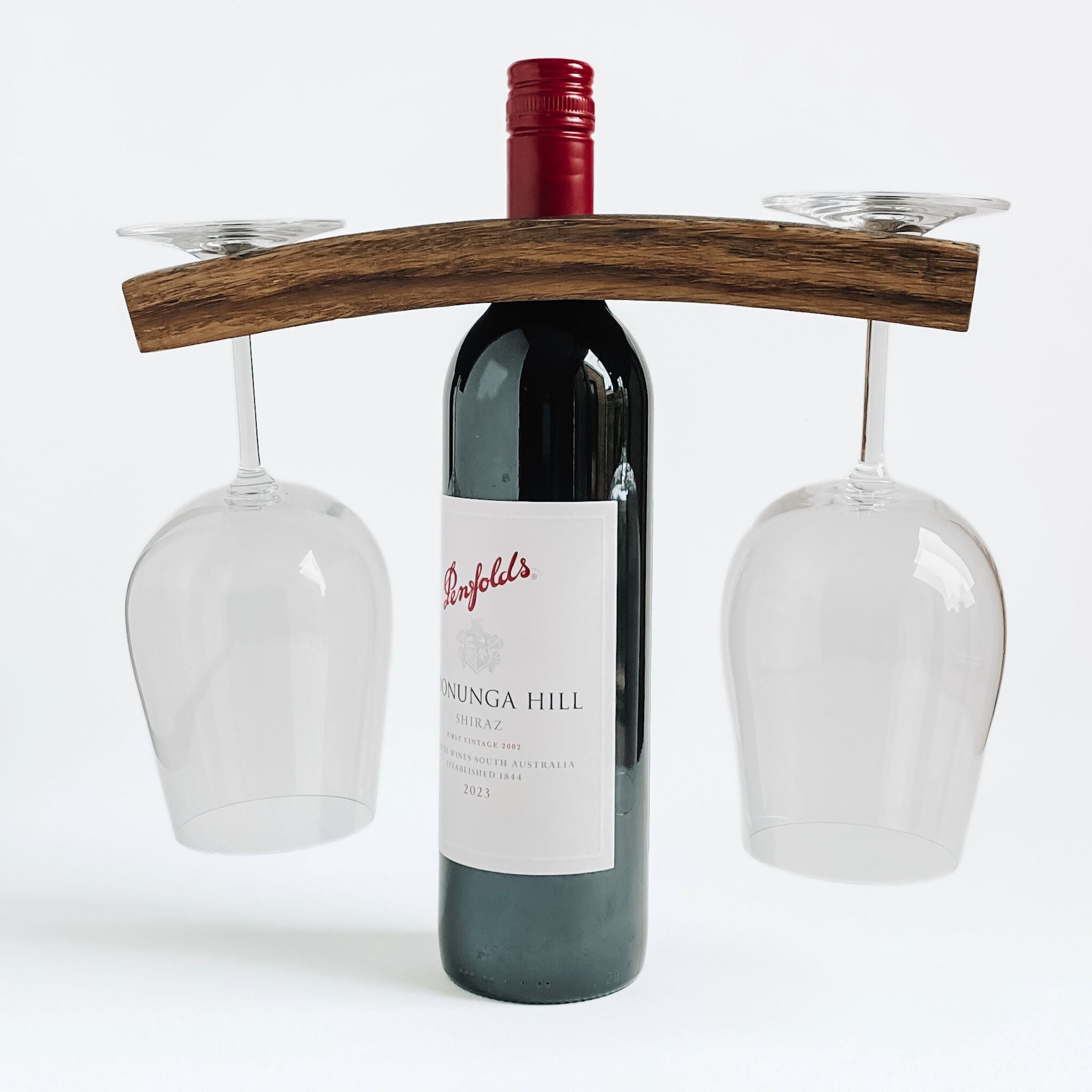 Barrel Stave 2 glass and one bottle holder over a bottle of wine with glasses, side view